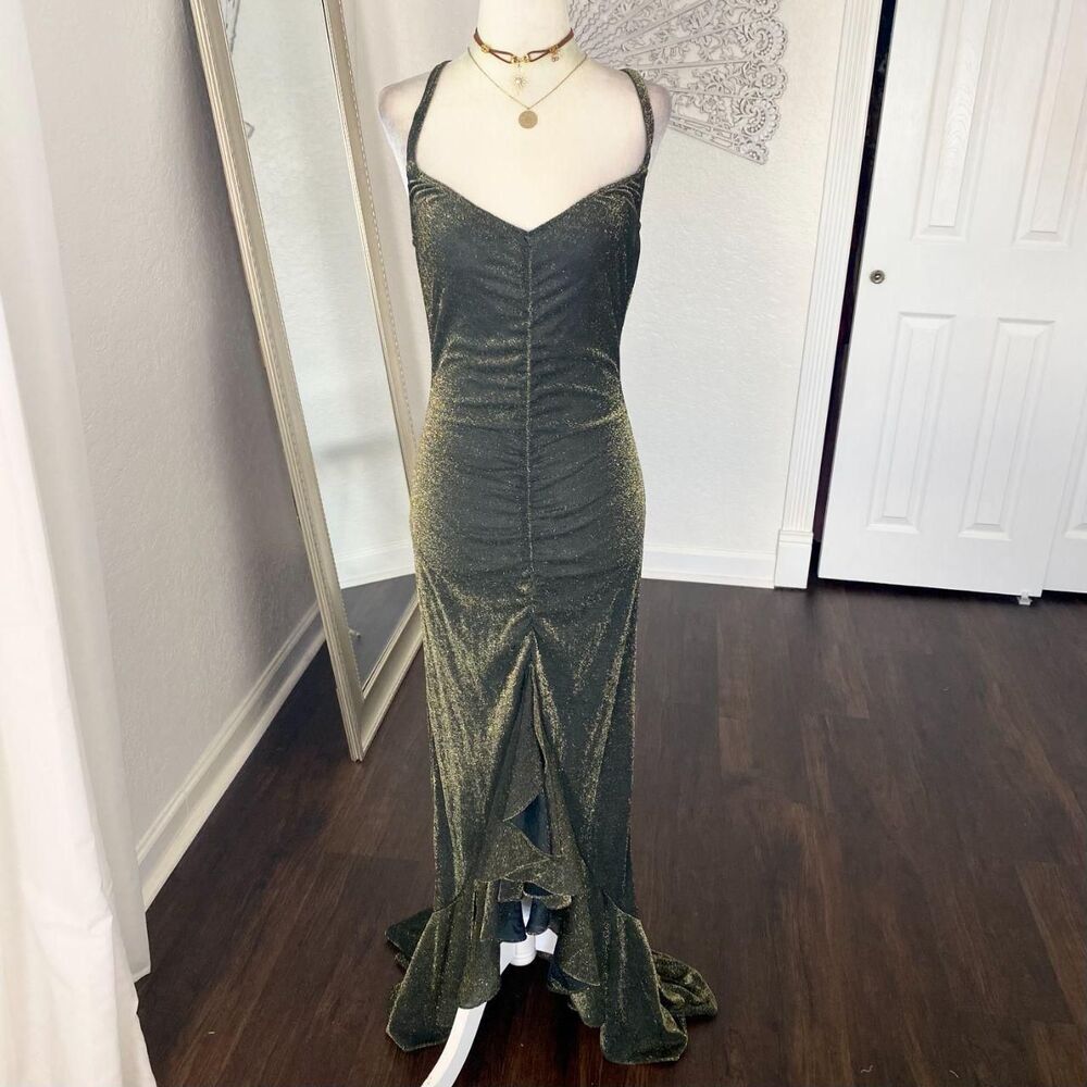 Ethereal 90s Black Gold Backless Ruffle Trumpet High Low Metallic Prom Dress M